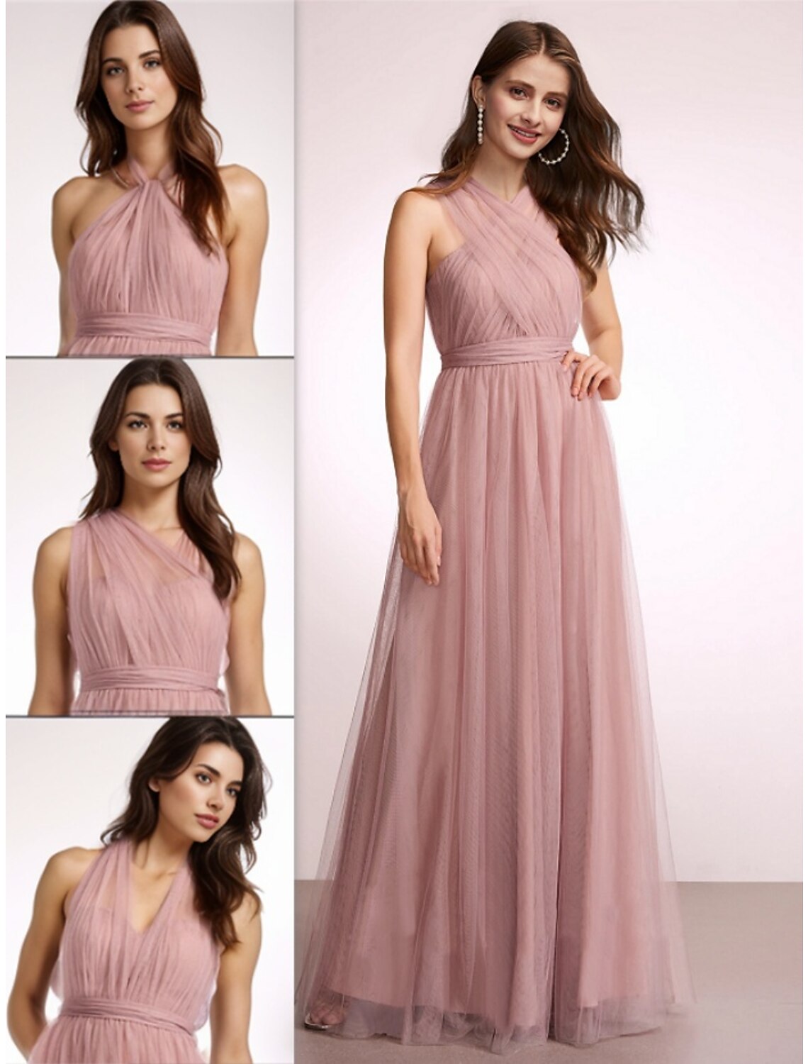Luolandi A-Line Bridesmaid Dress Halter Neck Sleeveless Elegant Floor Length Tulle